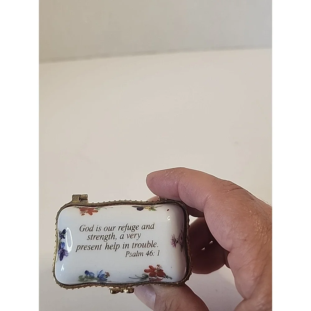 Imperial Porcelain  Trinket Box White, Goldtone & Floral Psalm 46:1 Bible Verse